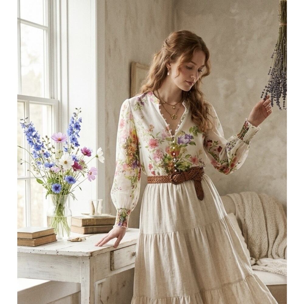 Bailey 44 Cream floral Blouse Romantic Prairie Cottage Core Sz Large Semi Sheer